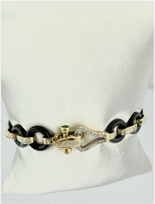 18k Gold Bracelet, Elegant Combination Onyx, Gold, Diamonds And, Emerald.
