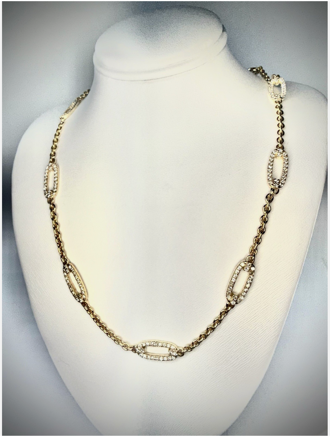 14k Yellow Gold Necklace Oval Links Filled With Diamonds