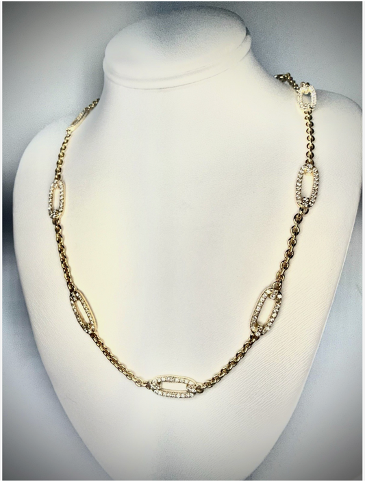 14k Yellow Gold Necklace Oval Links Filled With Diamonds