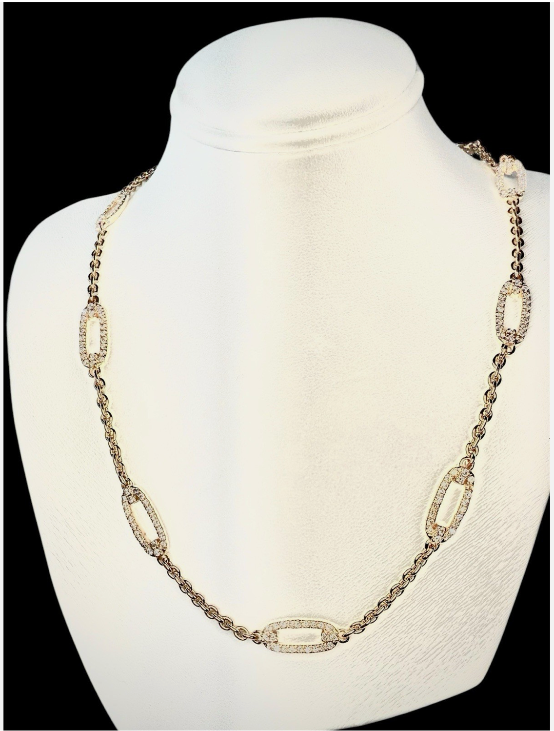 14k Yellow Gold Necklace Oval Links Filled With Diamonds