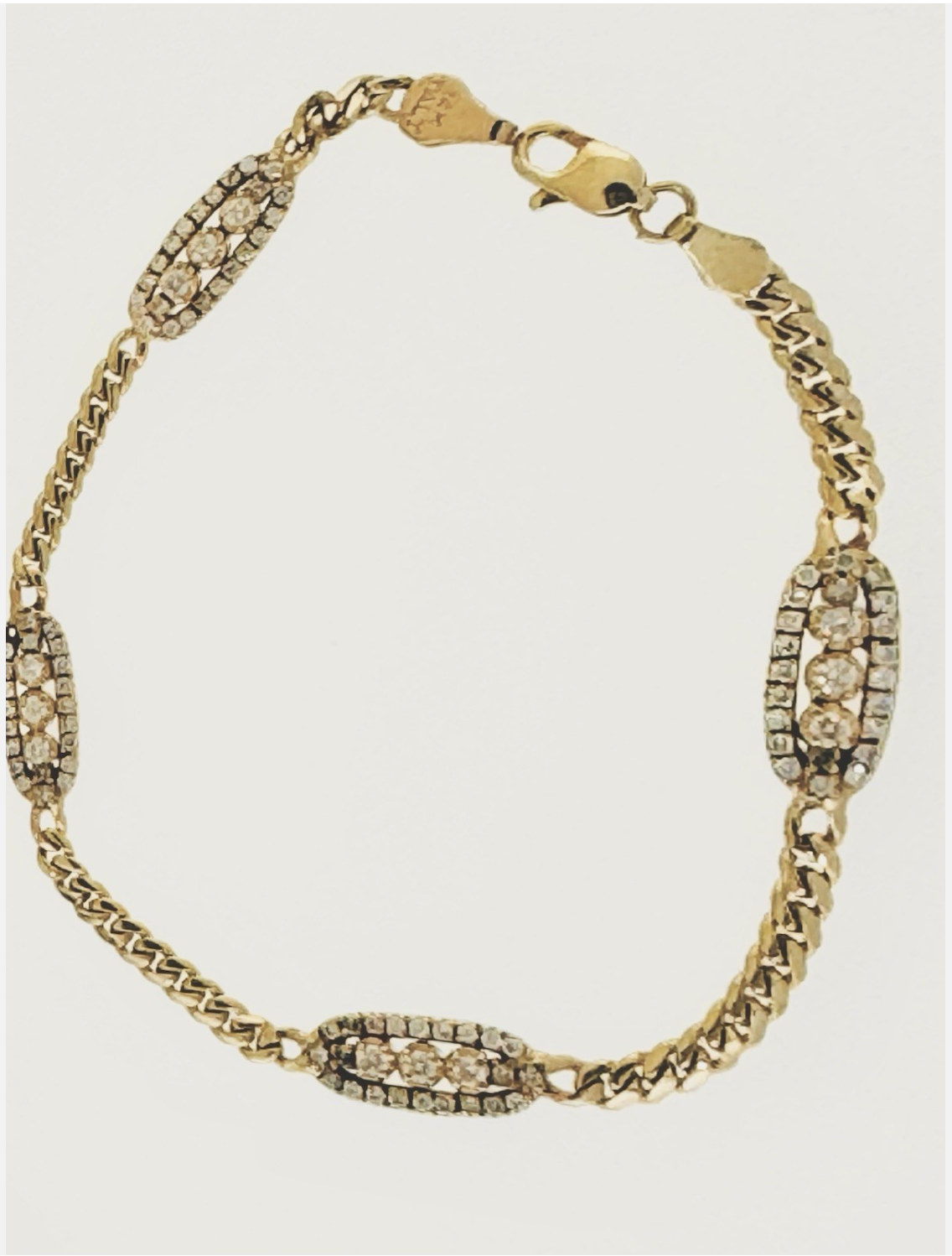 14K Y Gold Bracelet -Diamond Cut Chain And, Oval Links Filled With Diamonds