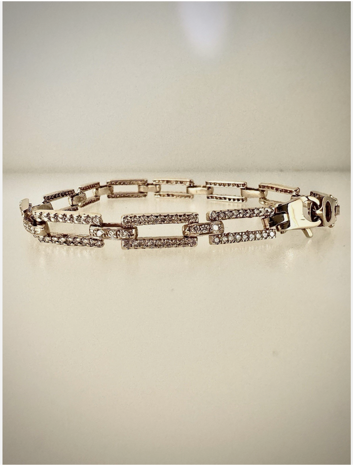 14k Gold Bracelet, Rectangle Link Chain Bracelet Filled With Diamonds.