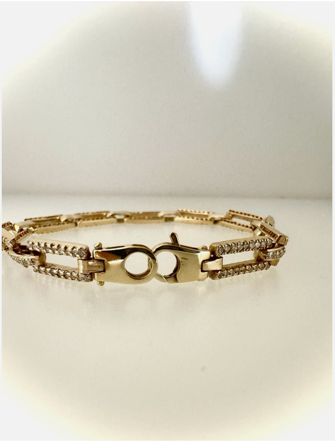 14k Gold Bracelet, Rectangle Link Chain Bracelet Filled With Diamonds.