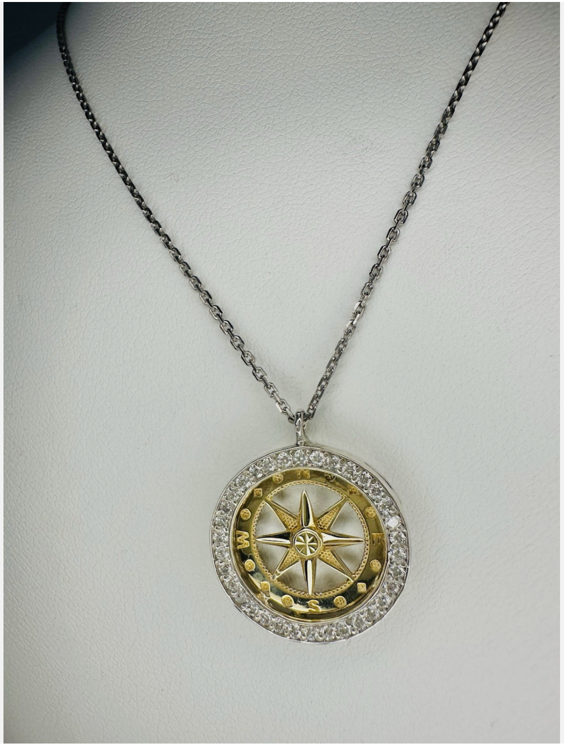 14k White And Yellow Gold Compass Pendant Medallion, With Silver Chain