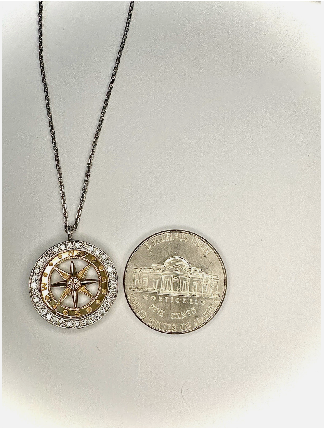14k White And Yellow Gold Compass Pendant Medallion, With Silver Chain
