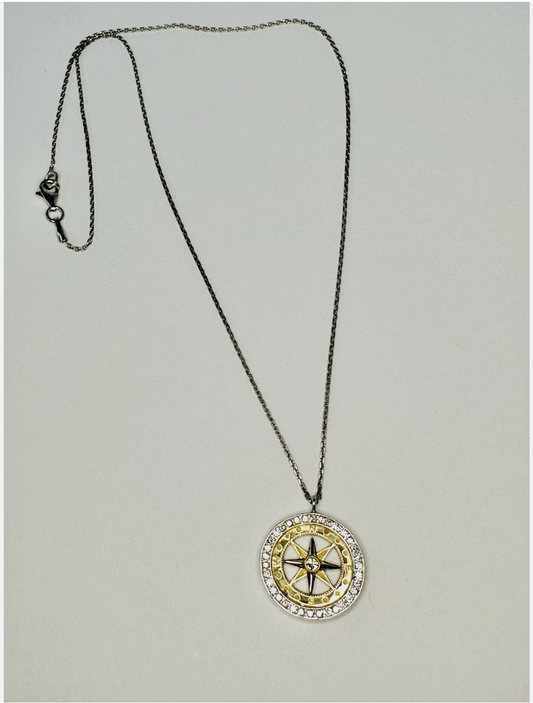 14k White And Yellow Gold Compass Pendant Medallion, With Silver Chain
