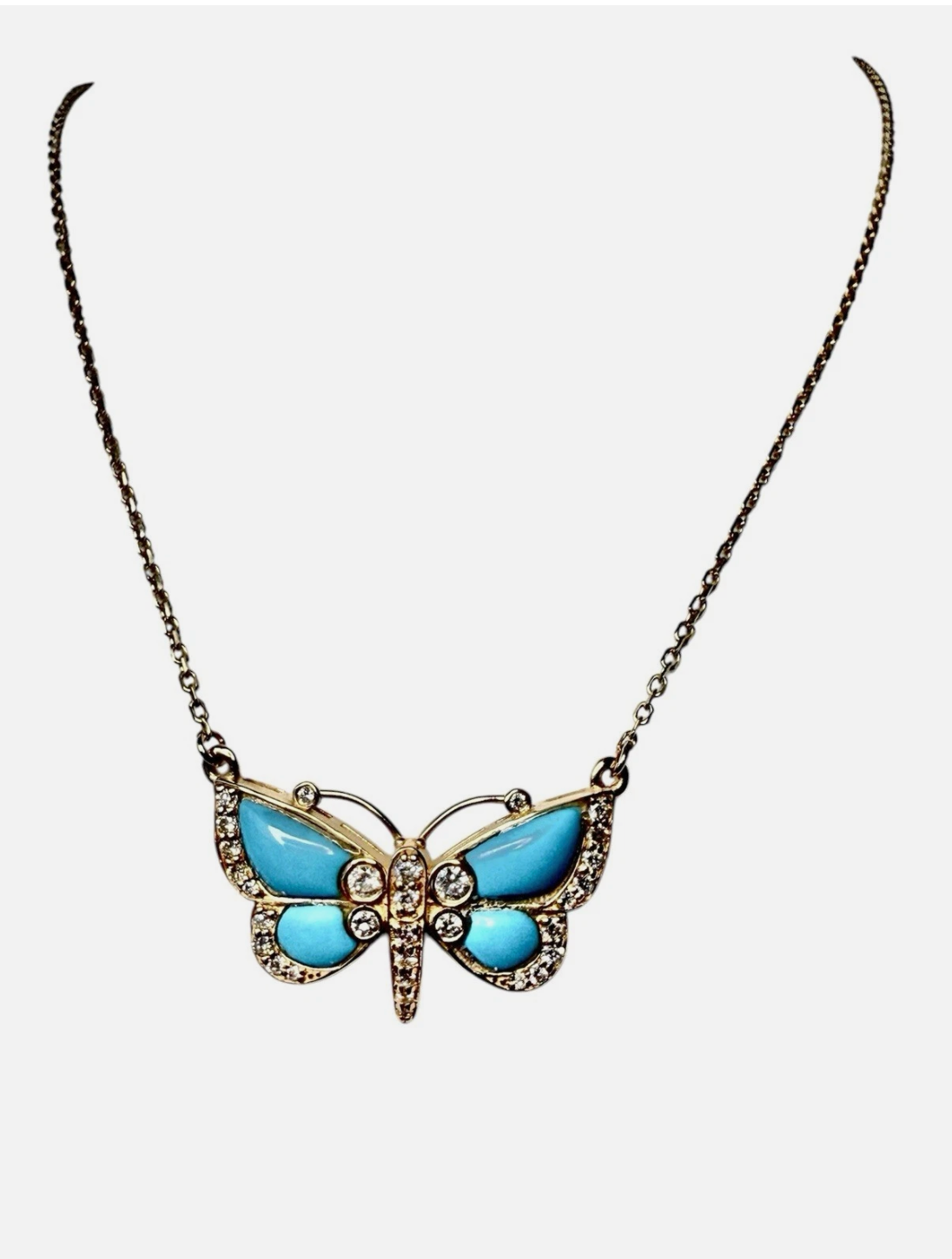 14k Yellow Gold Turquoise And Diamonds Butterfly Pendant With Chain