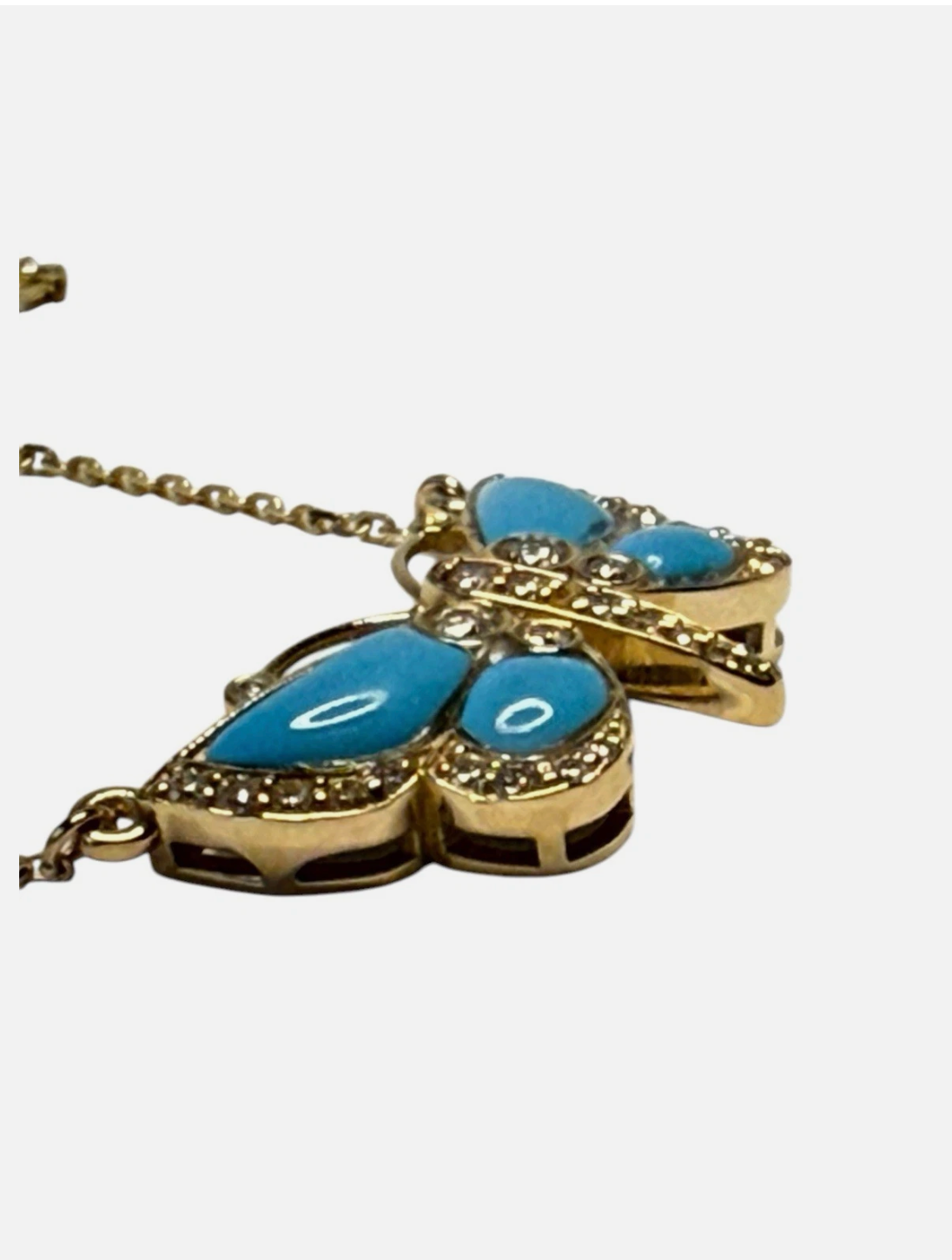14k Yellow Gold Turquoise And Diamonds Butterfly Pendant With Chain