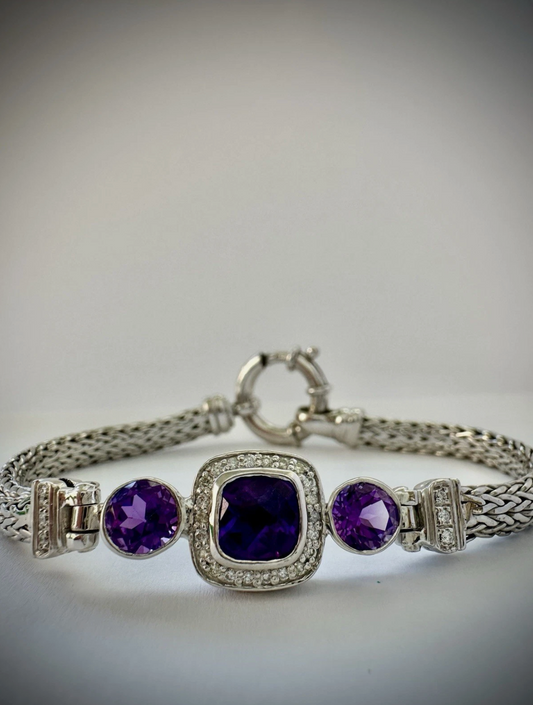 Silver Bracelet Real Cushion Cut Amethyst, 1.2 Crd Diamonds 7” Long