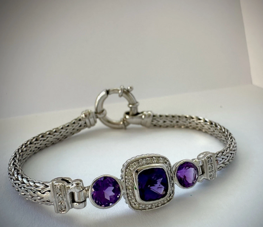 Silver Bracelet Real Cushion Cut Amethyst, 1.2 Crd Diamonds 7” Long