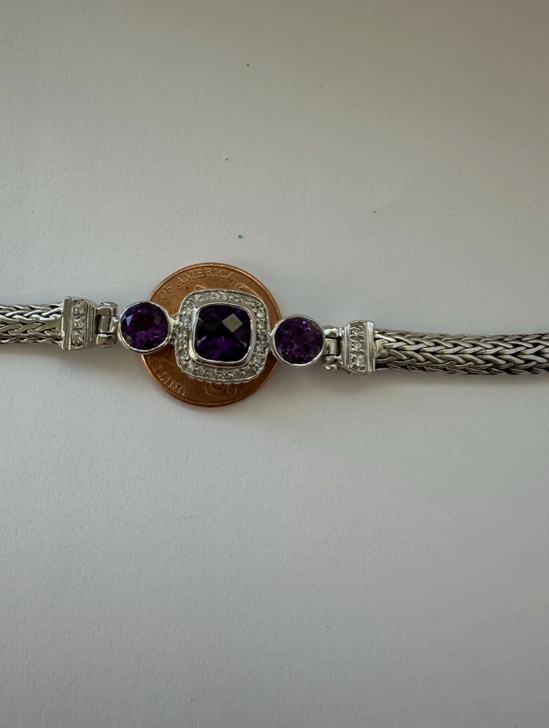 Silver Bracelet Real Cushion Cut Amethyst, 1.2 Crd Diamonds 7” Long