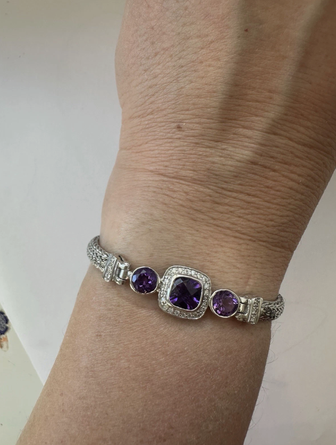 Silver Bracelet Real Cushion Cut Amethyst, 1.2 Crd Diamonds 7” Long