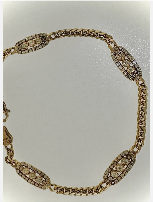 14K Y Gold Bracelet -Diamond Cut Chain And, Oval Links Filled With Diamonds