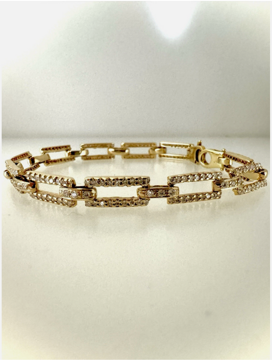 14k Gold Bracelet, Rectangle Link Chain Bracelet Filled With Diamonds.
