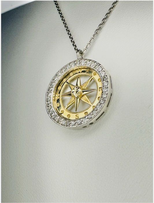 14k White And Yellow Gold Compass Pendant Medallion, With Silver Chain