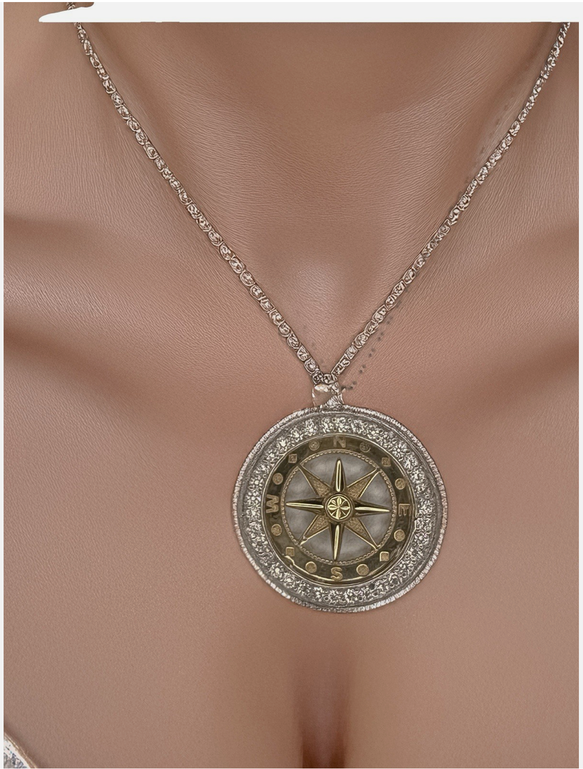 14k White And Yellow Gold Compass Pendant Medallion, With Silver Chain