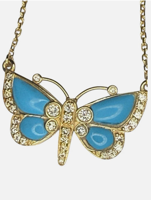 14k Yellow Gold Turquoise And Diamonds Butterfly Pendant With Chain